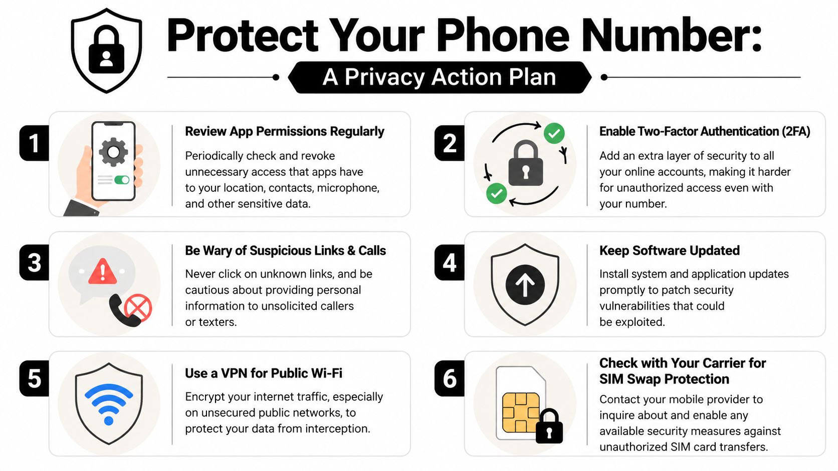 An infographic titled Protect Your Phone Number outlining six essential steps for mobile privacy and security.