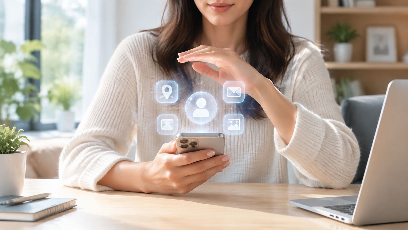 A woman holding a smartphone with digital icons floating above it representing personal data protection.