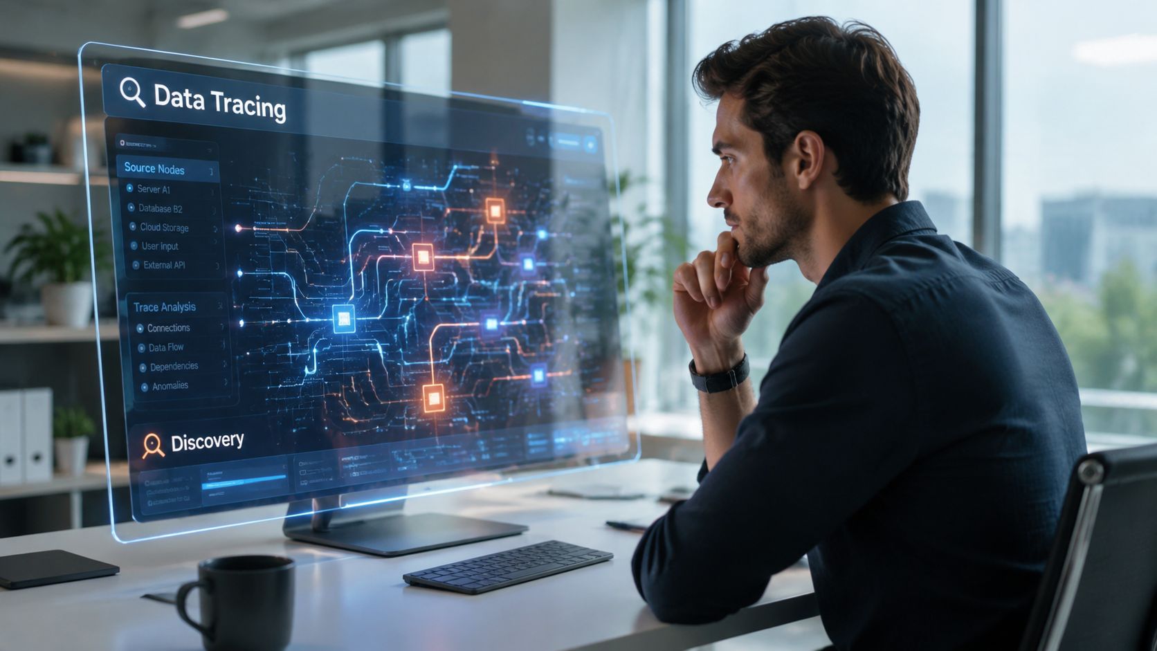 A professional man sitting at a modern desk analyzing complex data flow patterns on a holographic screen.