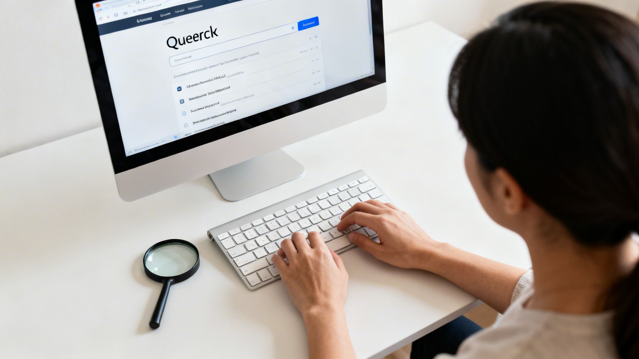 Person typing on keyboard at computer displaying a 'Queerck' search page, magnifying glass on desk.