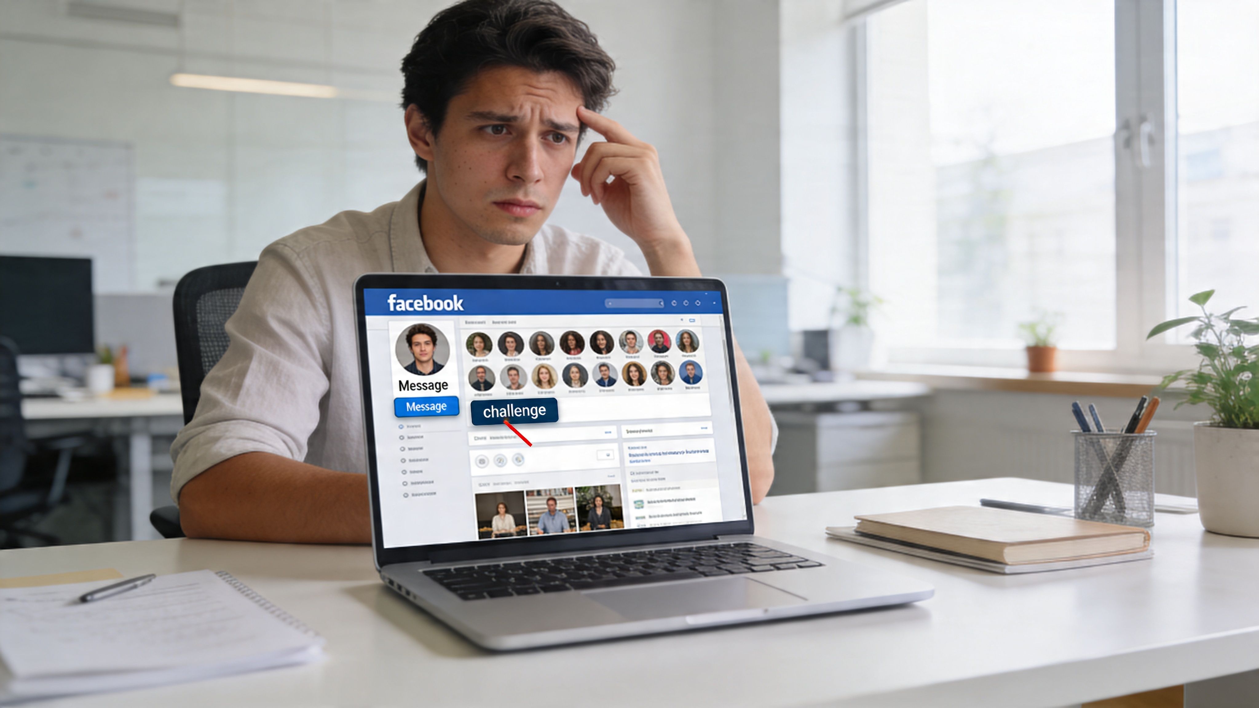 A young man sits at a desk looking at a Facebook profile page on his laptop screen.