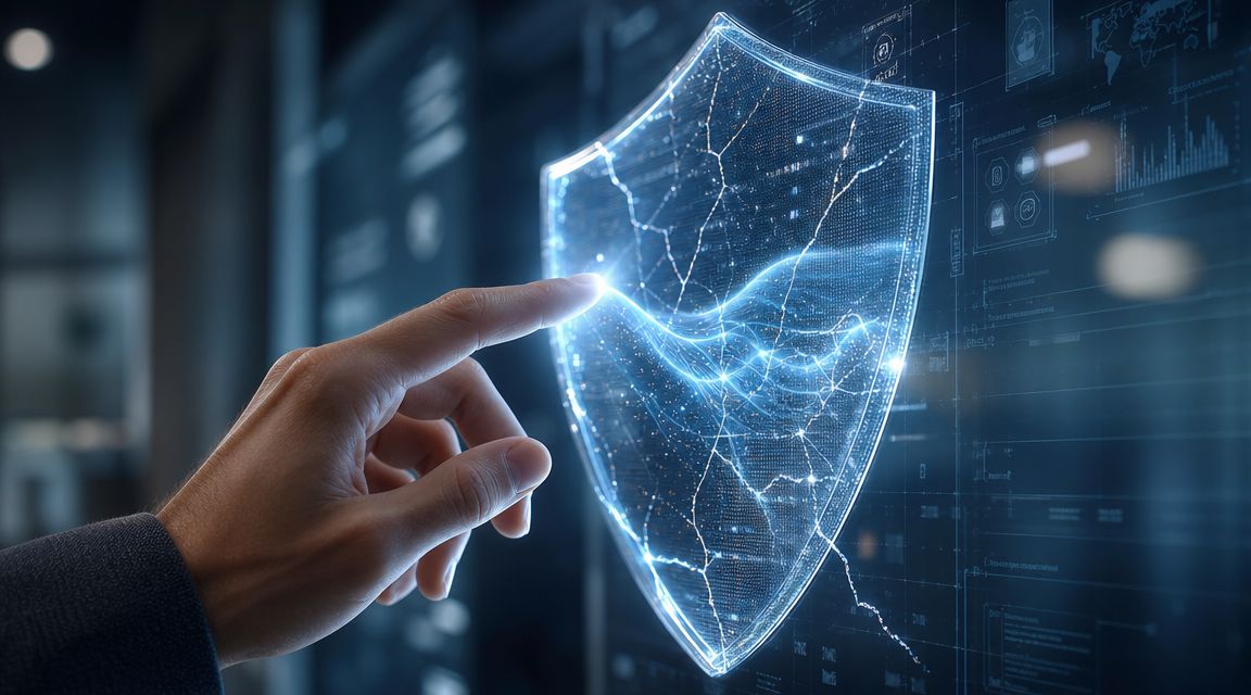 A professional touching a digital glowing shield interface representing advanced cybersecurity and identity theft protection technology.