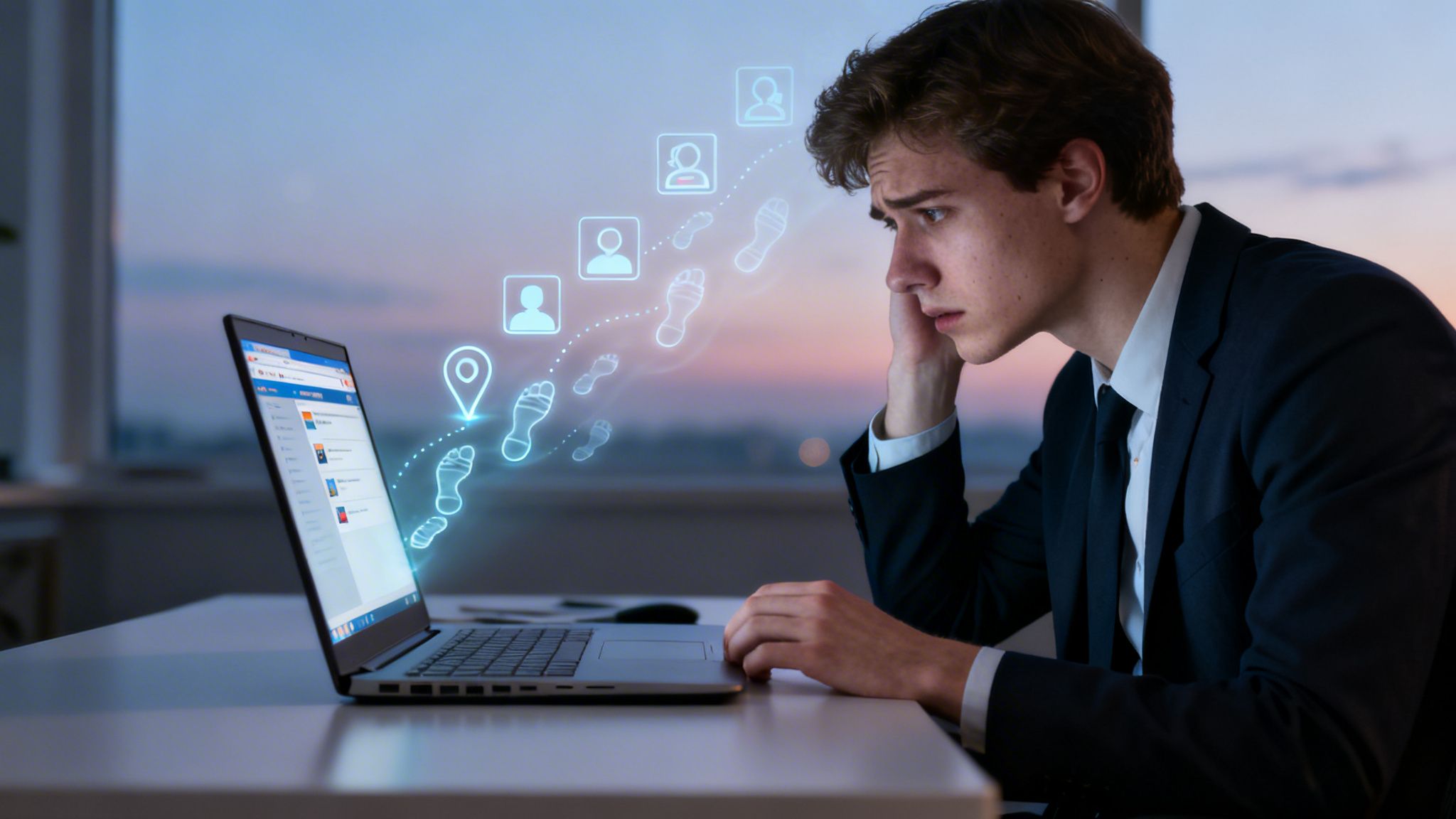 Young man focused on his laptop, observing digital footprint icons representing online data.