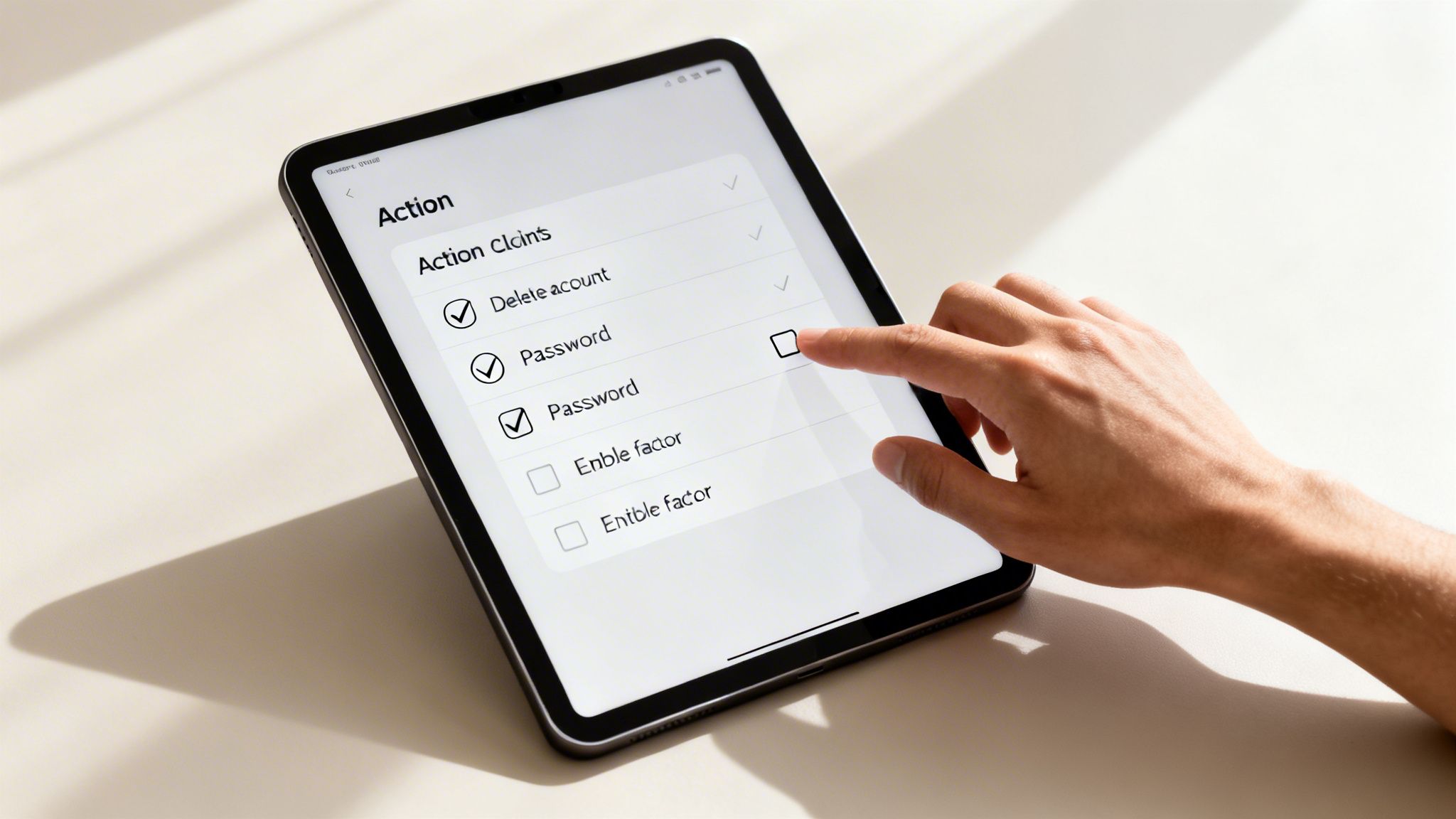 A hand taps an unchecked checkbox next to 'Password' on a tablet screen showing 'Action Claims'.