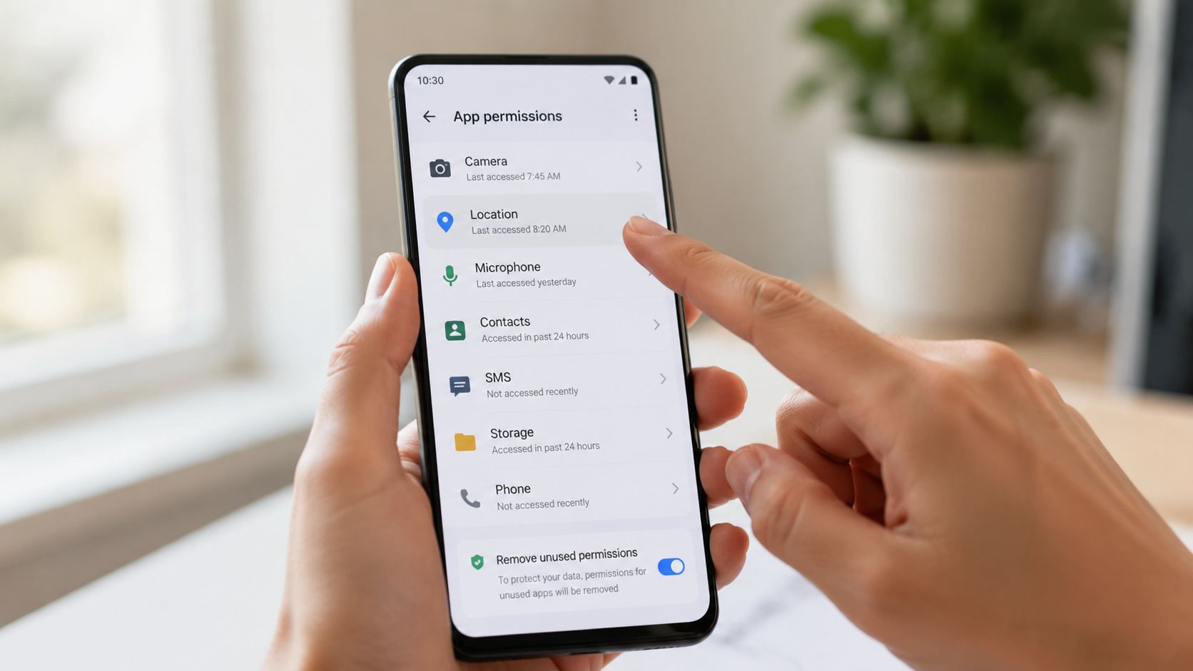 A person interacting with the App permissions menu on an Android smartphone screen to manage privacy settings.