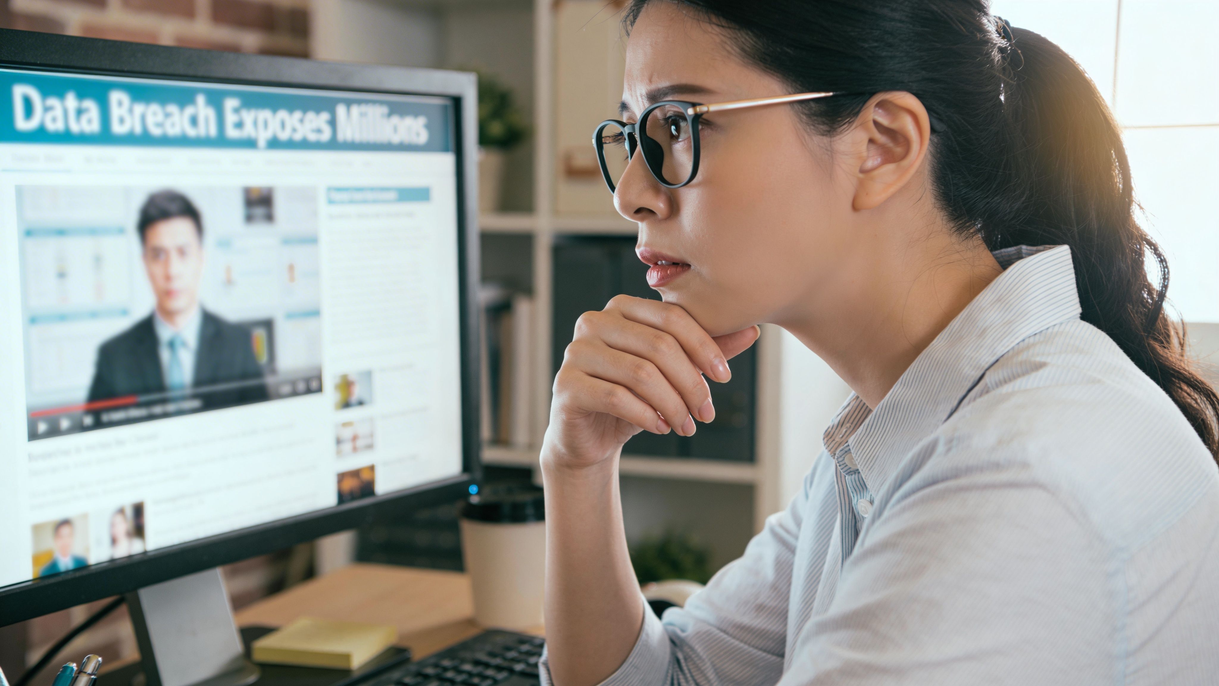 A concerned woman looking at a news report about a major data breach on her computer screen.