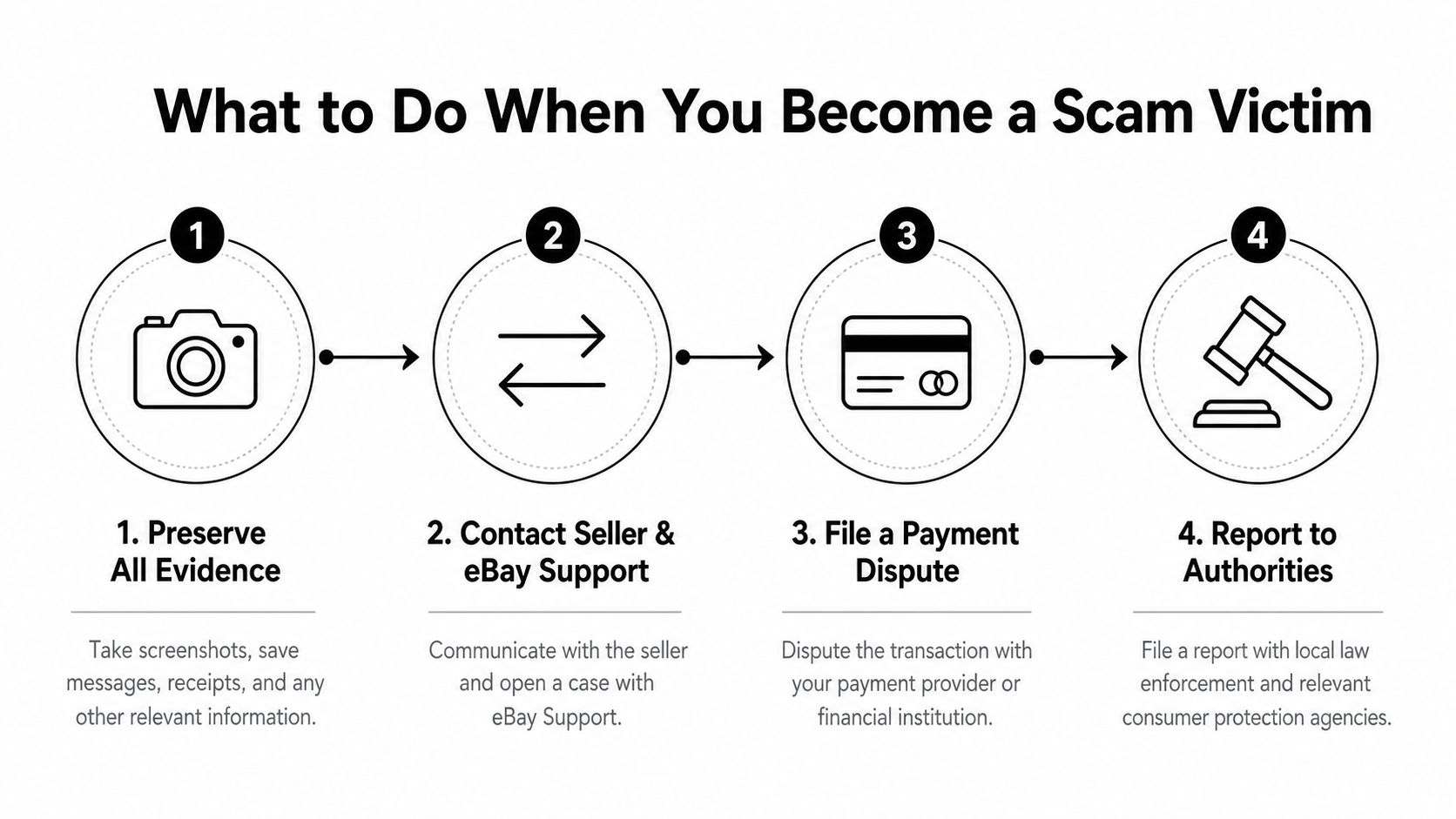 A four-step infographic showing how to handle being scammed when buying items on eBay.