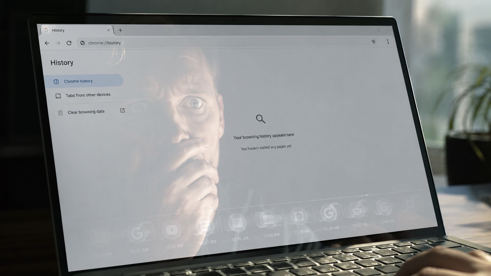 A laptop screen displaying an empty Chrome history page with a faint, surprised face background image.