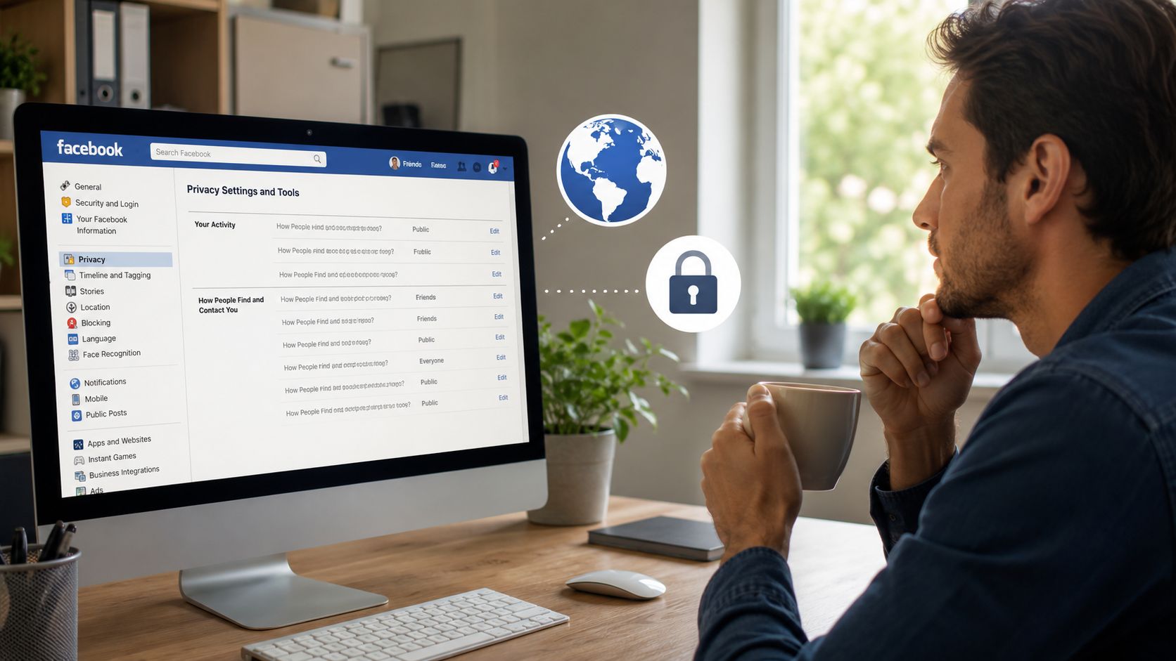 A man sits at a desk looking at privacy settings on a computer monitor with globe and lock icons.