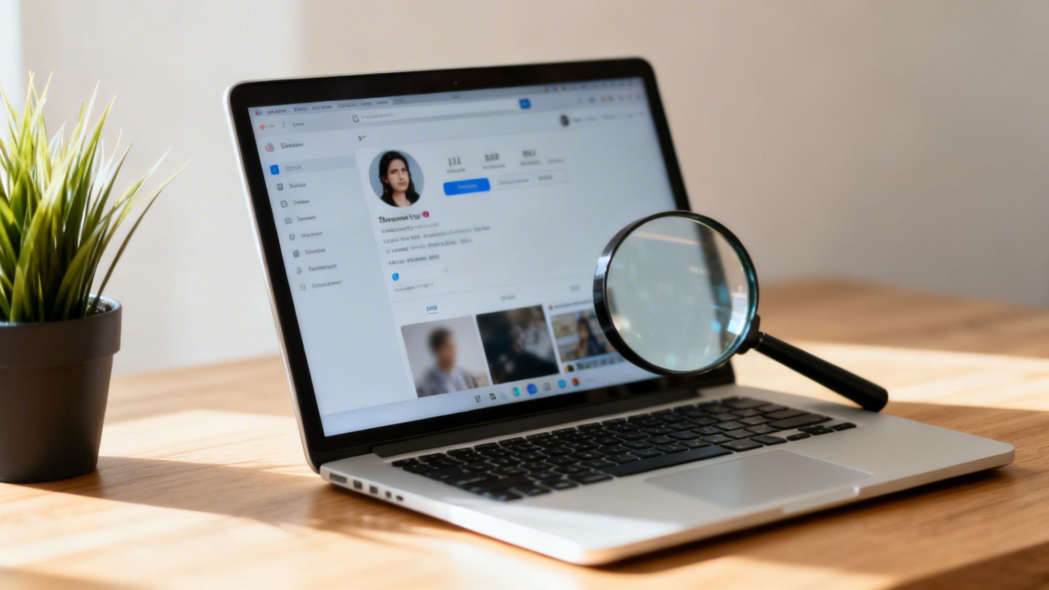 A laptop screen shows a social media profile, with a magnifying glass on the keyboard, symbolizing online screening.