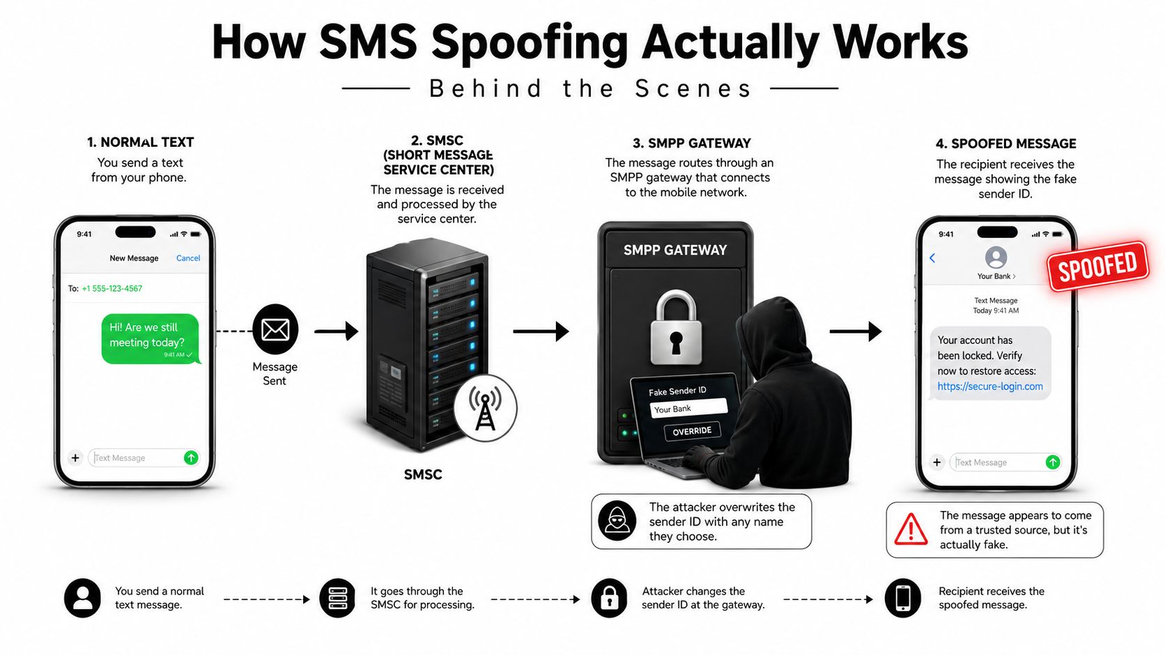 A diagram illustrating the technical steps behind SMS spoofing from the sender to the receiver.