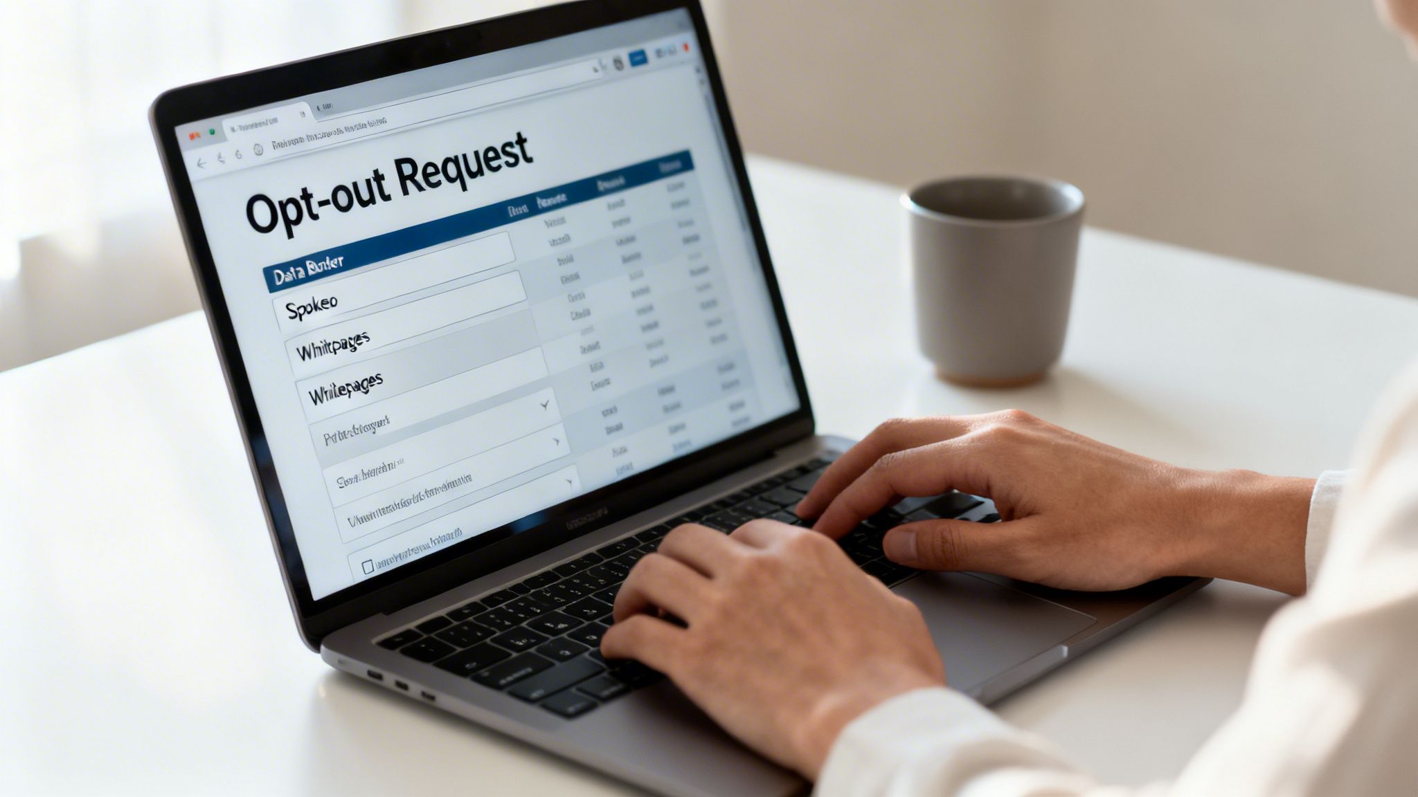 Hands typing on a laptop displaying an 'Opt-out Request' form for online data brokers.