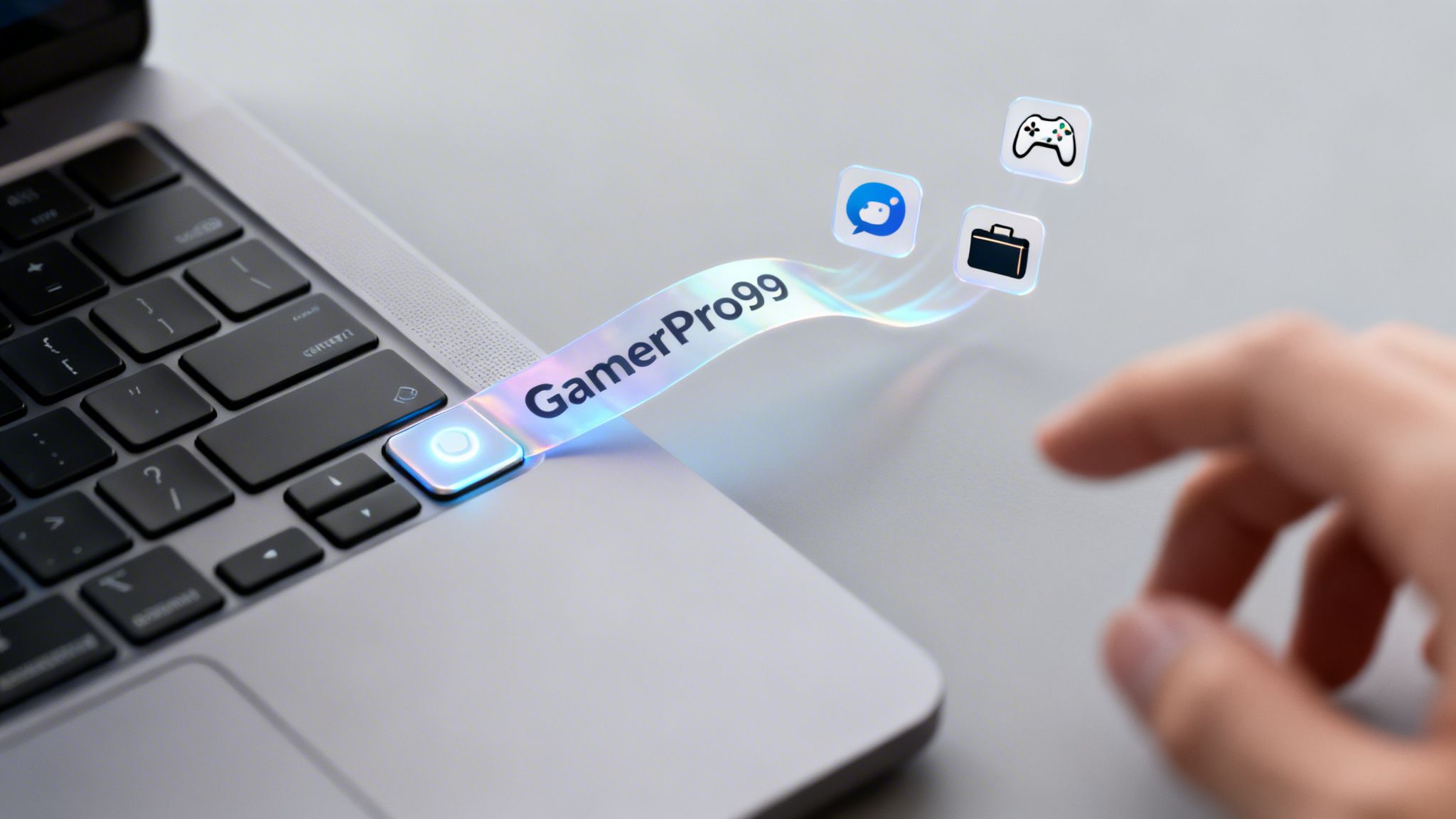 A hand interacts with a glowing laptop button, revealing a 'GamerPro99' ribbon and floating app icons.