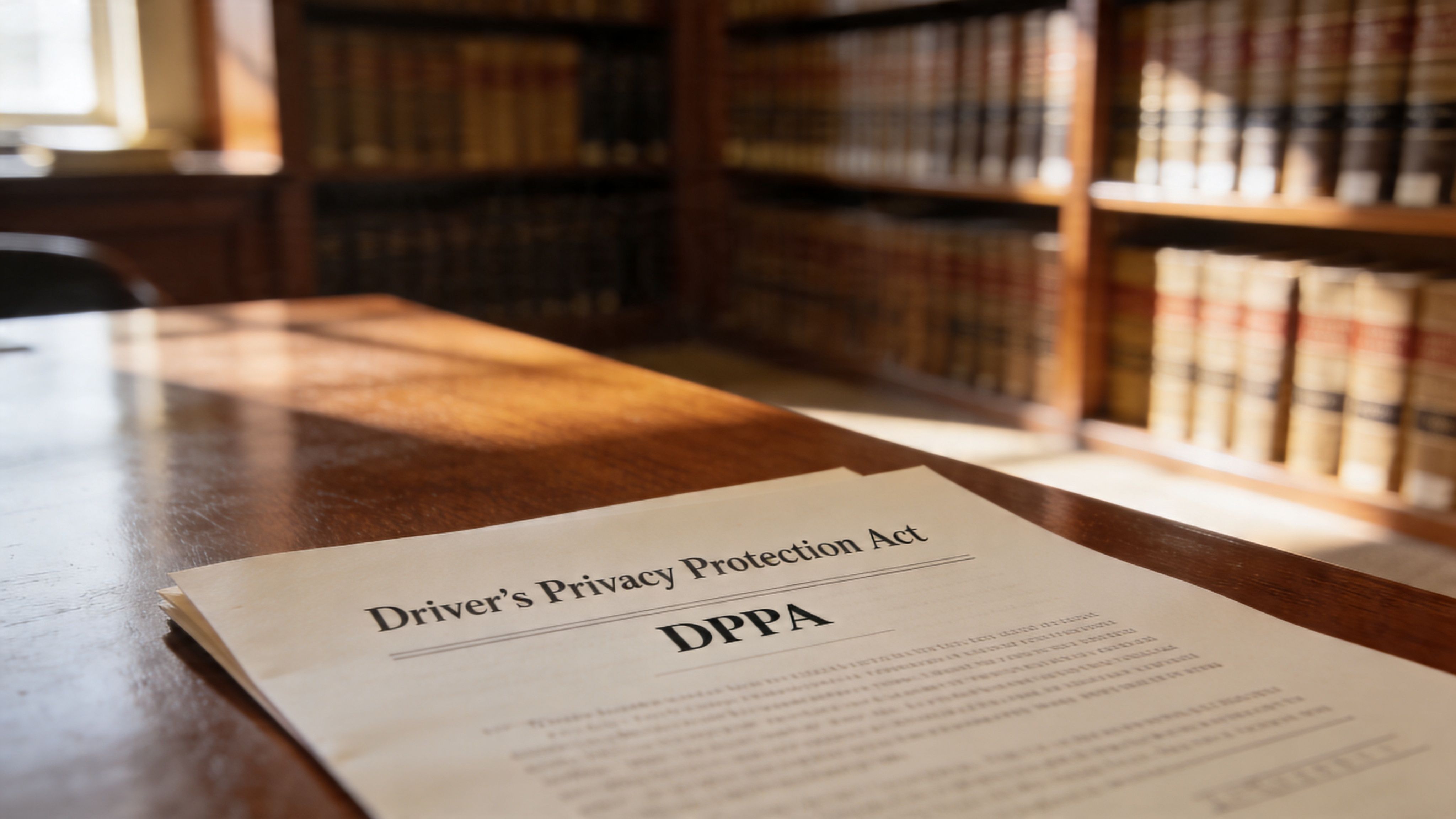 A document titled Driver's Privacy Protection Act resting on a wooden library table with bookshelves in background.