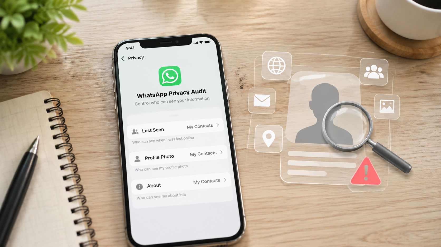 A smartphone screen displaying WhatsApp privacy settings with a magnifying glass hovering over a digital user profile.
