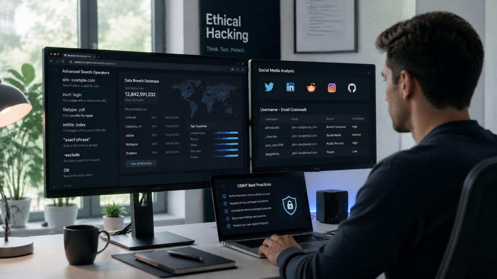 A professional cybersecurity expert working at a desk with multiple monitors analyzing data breach information.