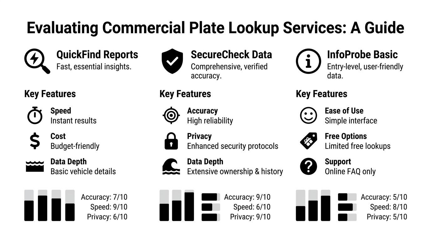 A comparison guide for commercial plate lookup services showing features, performance scores, and ratings for three providers.