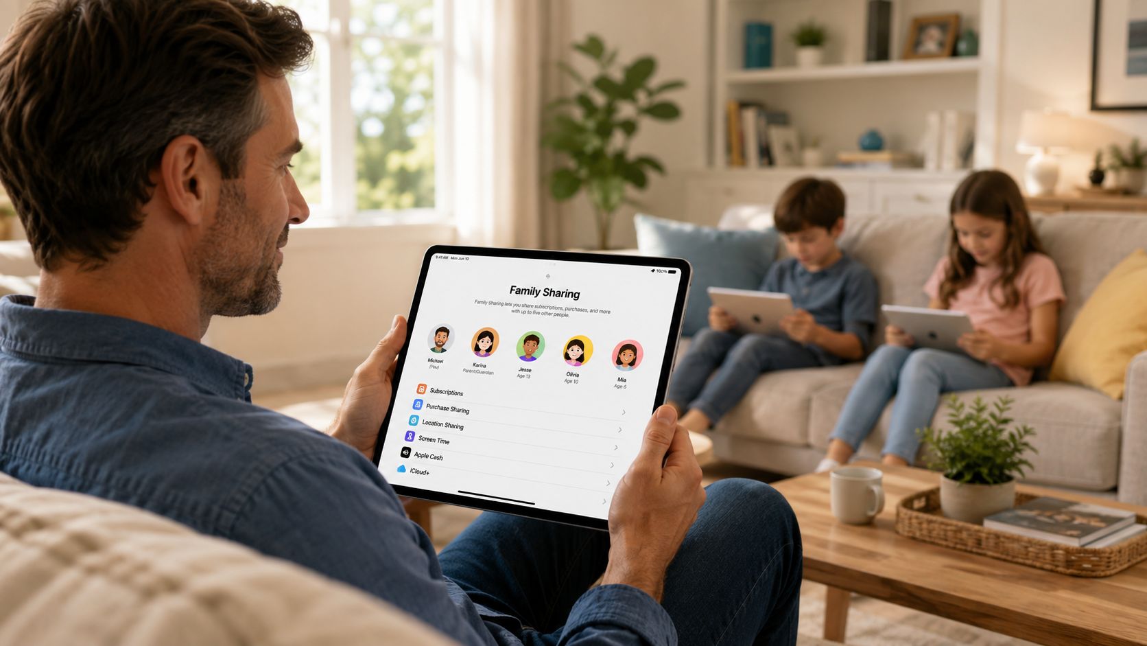 A father sitting on a sofa using a tablet to manage family sharing settings with his children nearby.