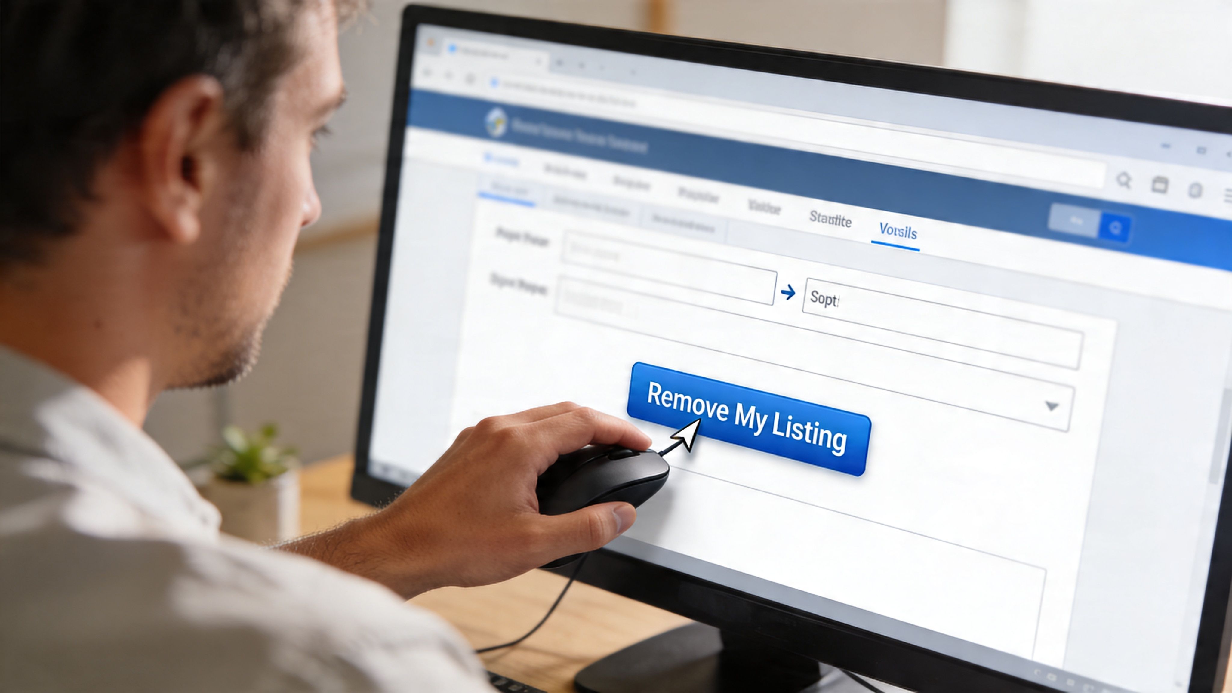 A person using a computer mouse to click a Remove My Listing button on a web page.