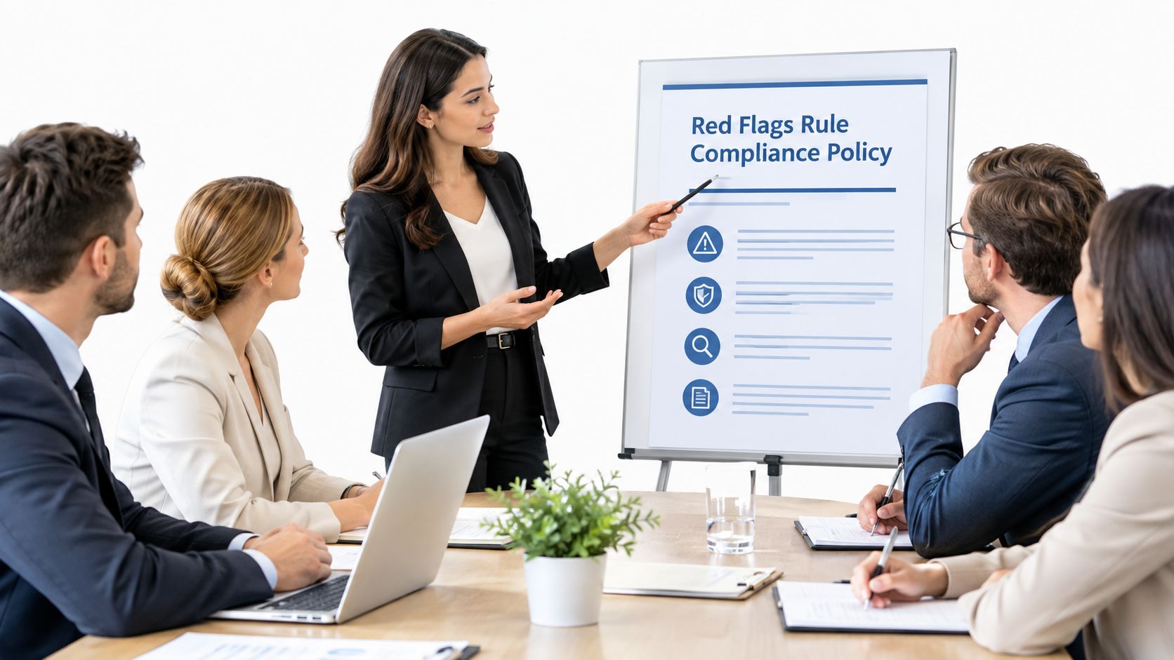 A professional woman presenting a Red Flags Rule compliance policy to her colleagues in a boardroom setting.