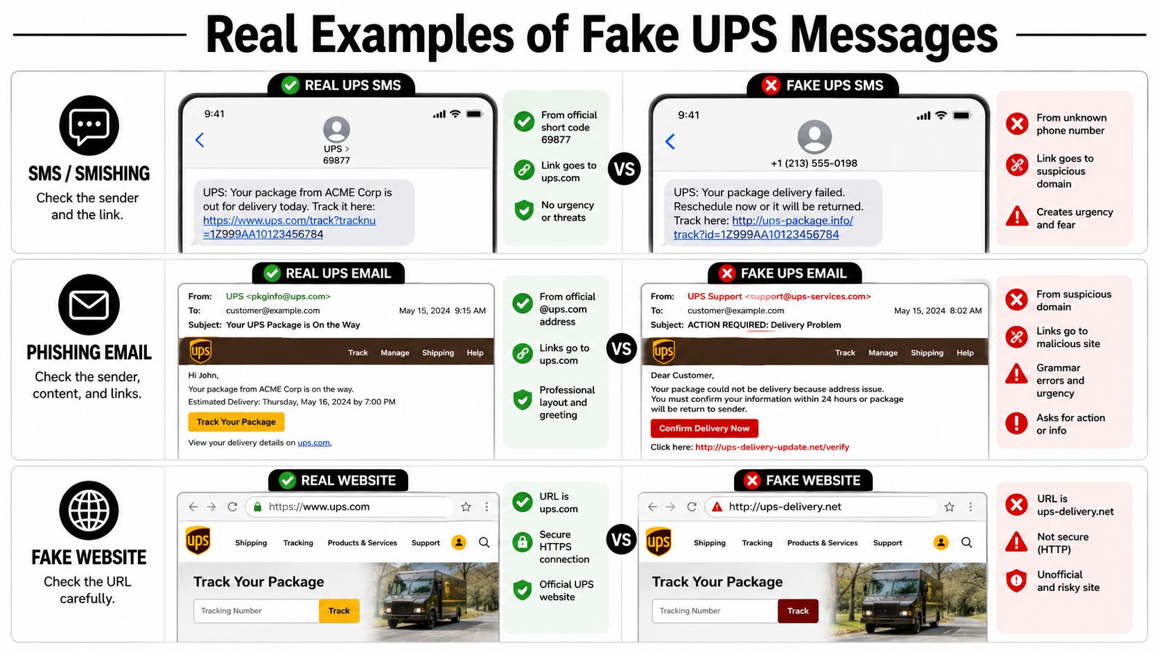 A comparative infographic showing examples of real and fake UPS text messages, emails, and tracking websites.