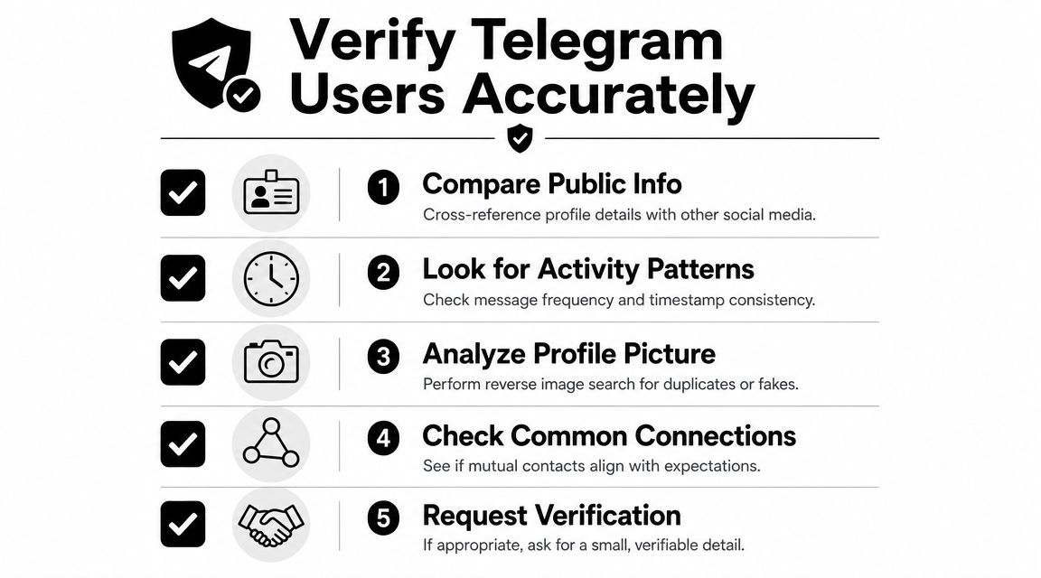 A list of five essential tips for verifying the authenticity of Telegram users accurately with icon illustrations.