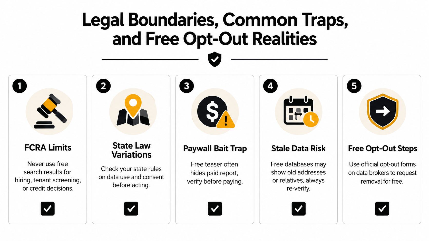 An infographic titled Legal Boundaries, Common Traps, and Free Opt-Out Realities detailing five essential people search tips.