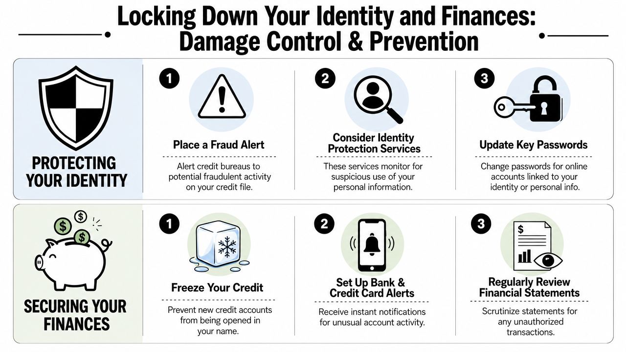 An infographic detailing six steps to protect your identity and secure your finances against fraud.