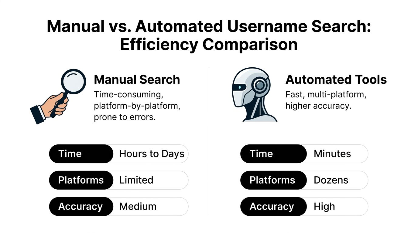 A comparative infographic showing that automated username search tools are significantly faster and more accurate than manual methods.
