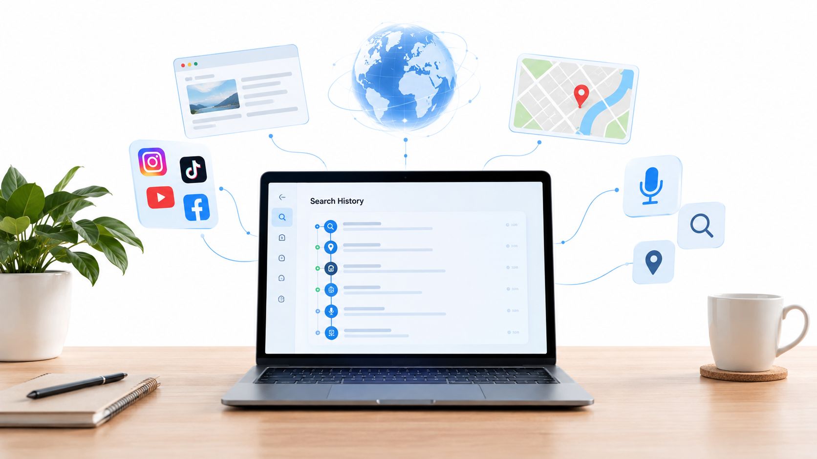 A laptop on a desk showing search history with icons representing global internet connectivity and apps.