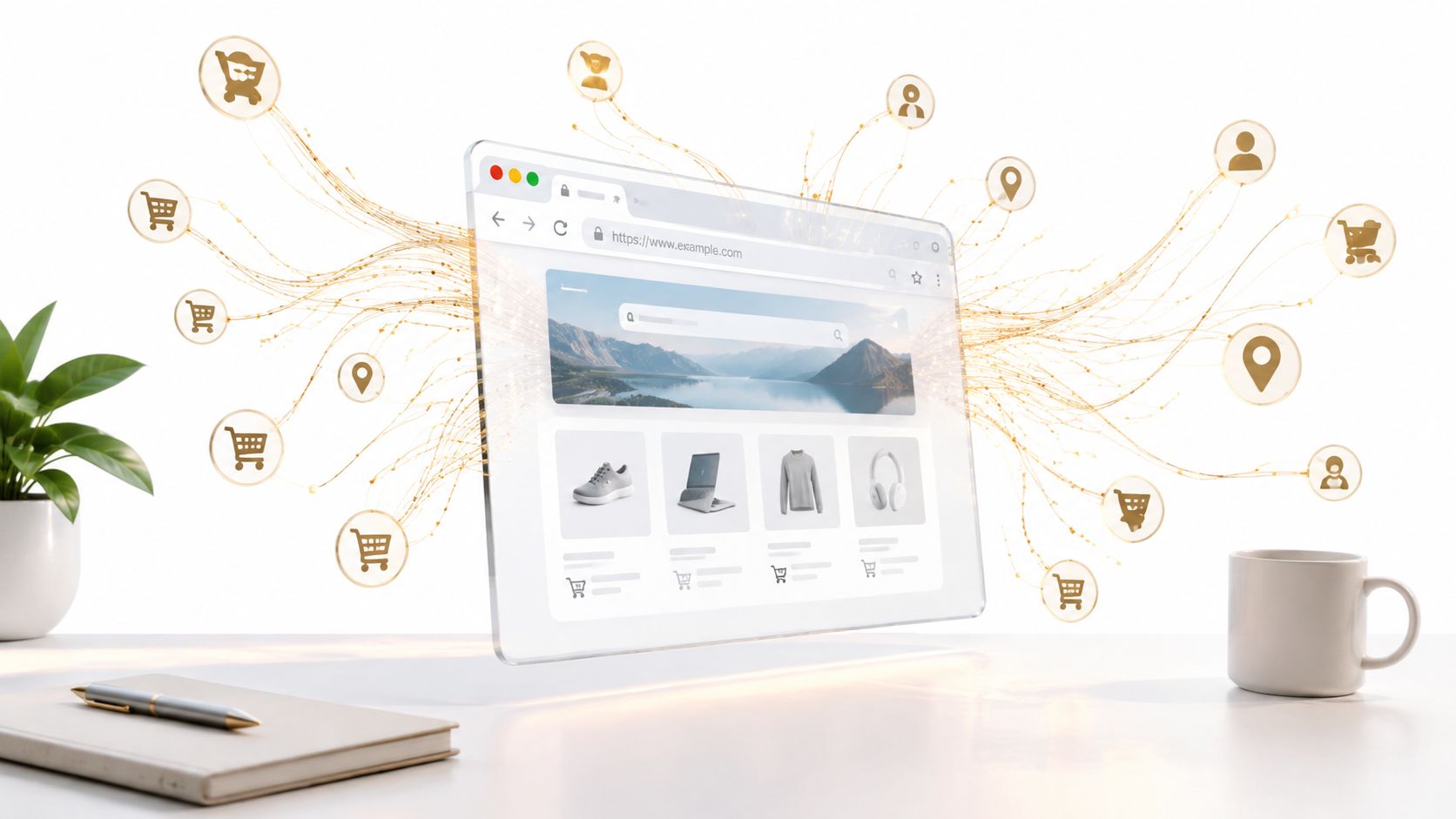 A digital browser window floating above a desk surrounded by connected data icons representing online privacy.
