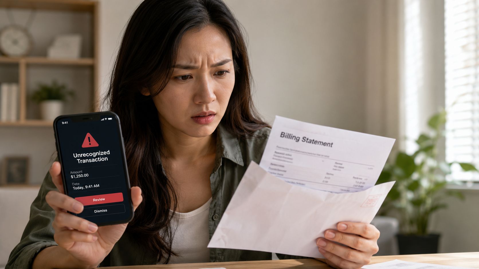 A concerned woman checks her billing statement while holding a phone displaying an unrecognized transaction alert.