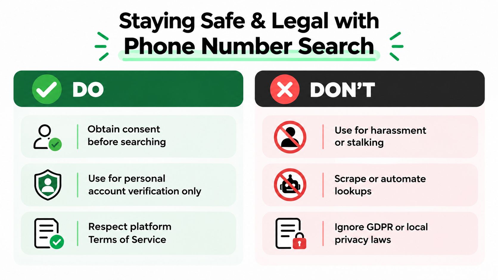 A safety infographic showing do and don't rules for conducting legal phone number searches.