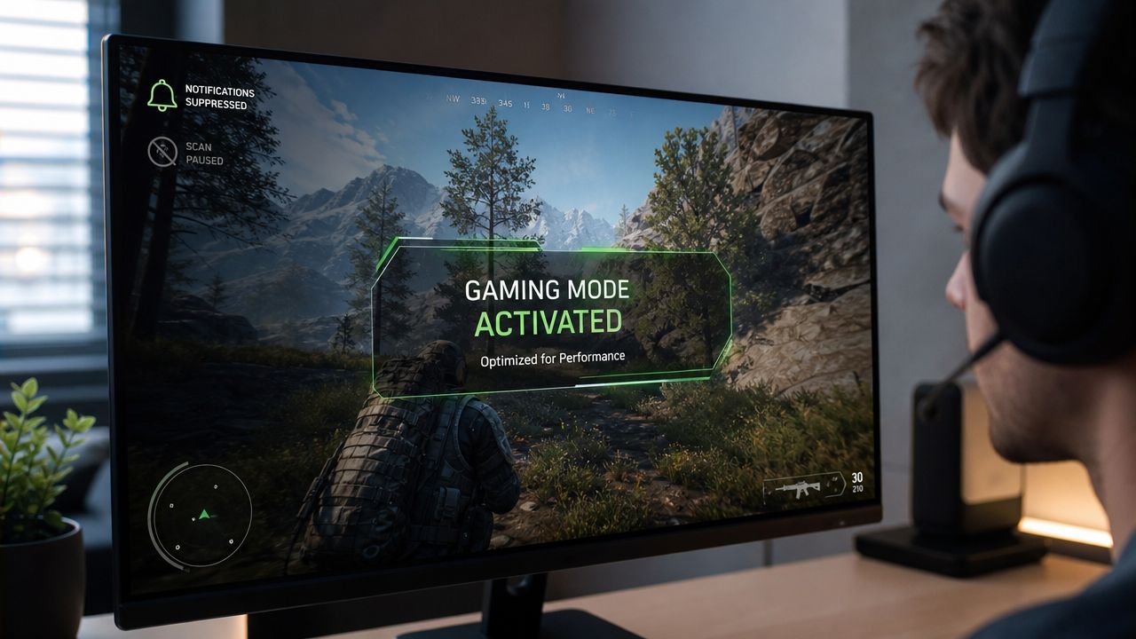 A gamer wearing a headset focusing on a computer screen showing Gaming Mode Activated status overlay.