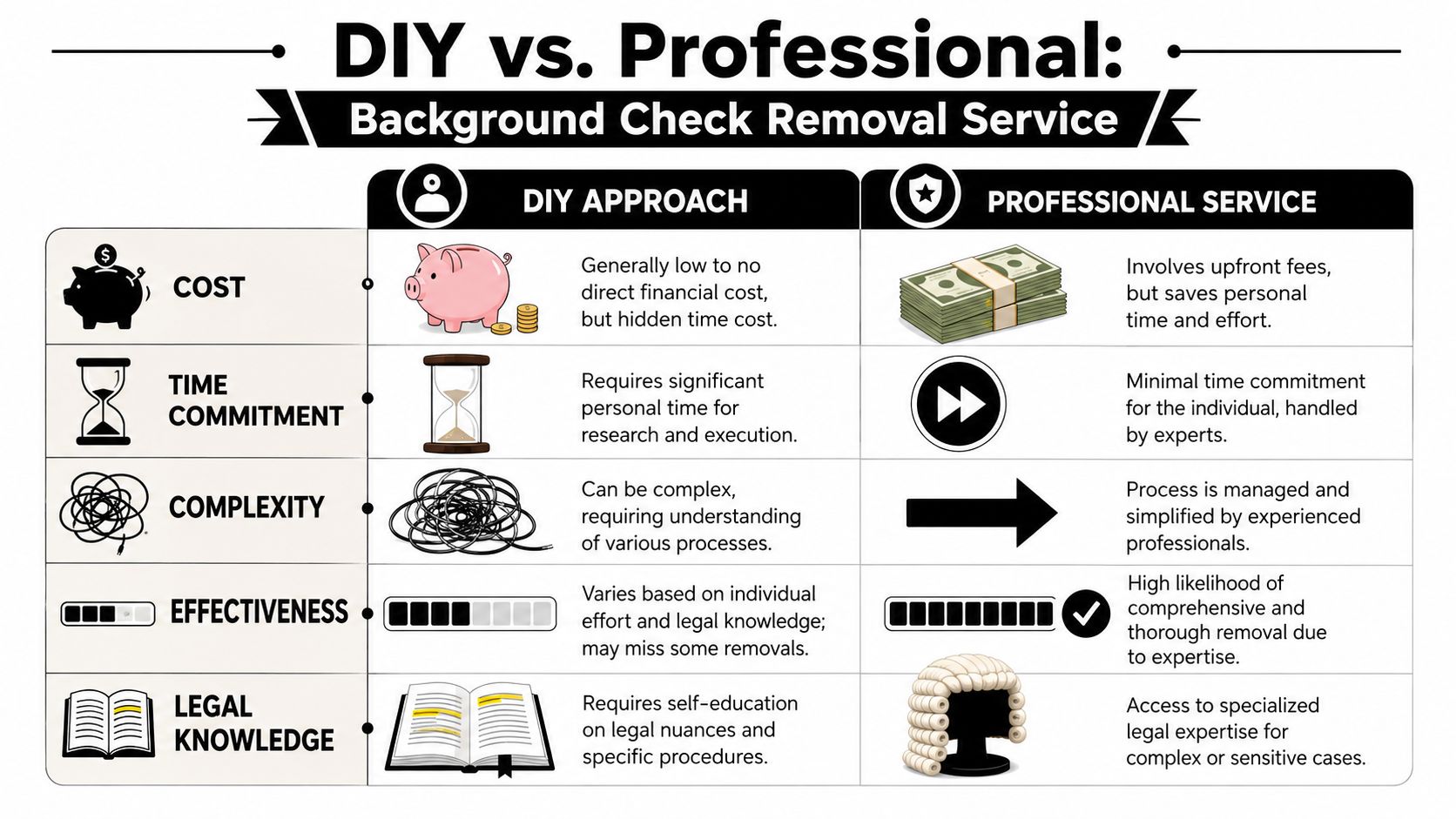 A comparison chart showing the differences between DIY and professional background check removal services for users.