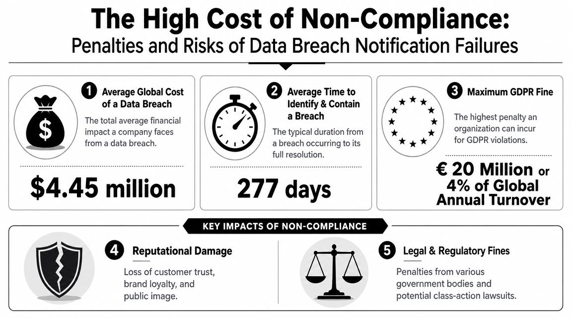 An infographic detailing the financial costs and risks associated with data breach notification failures for businesses.