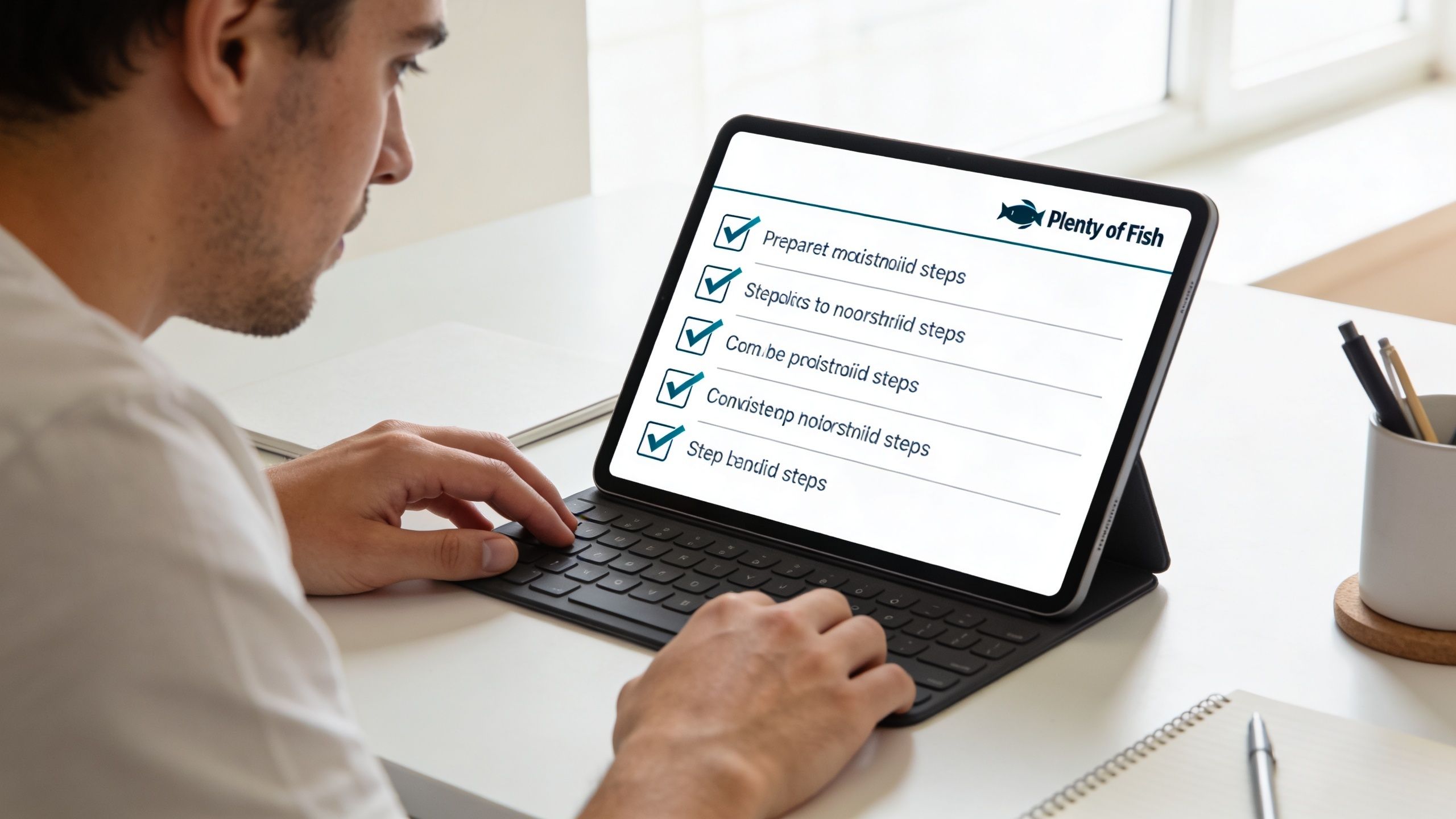 A man using a tablet to follow a checklist on the Plenty of Fish dating website.