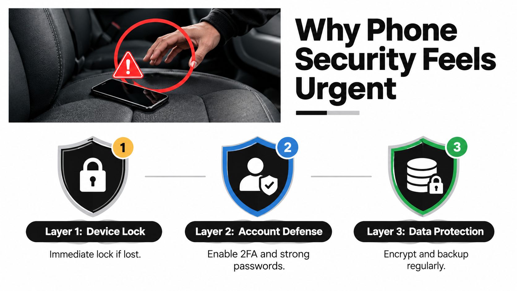 An infographic outlining three layers of smartphone security including device locks, account defense, and data protection strategies.
