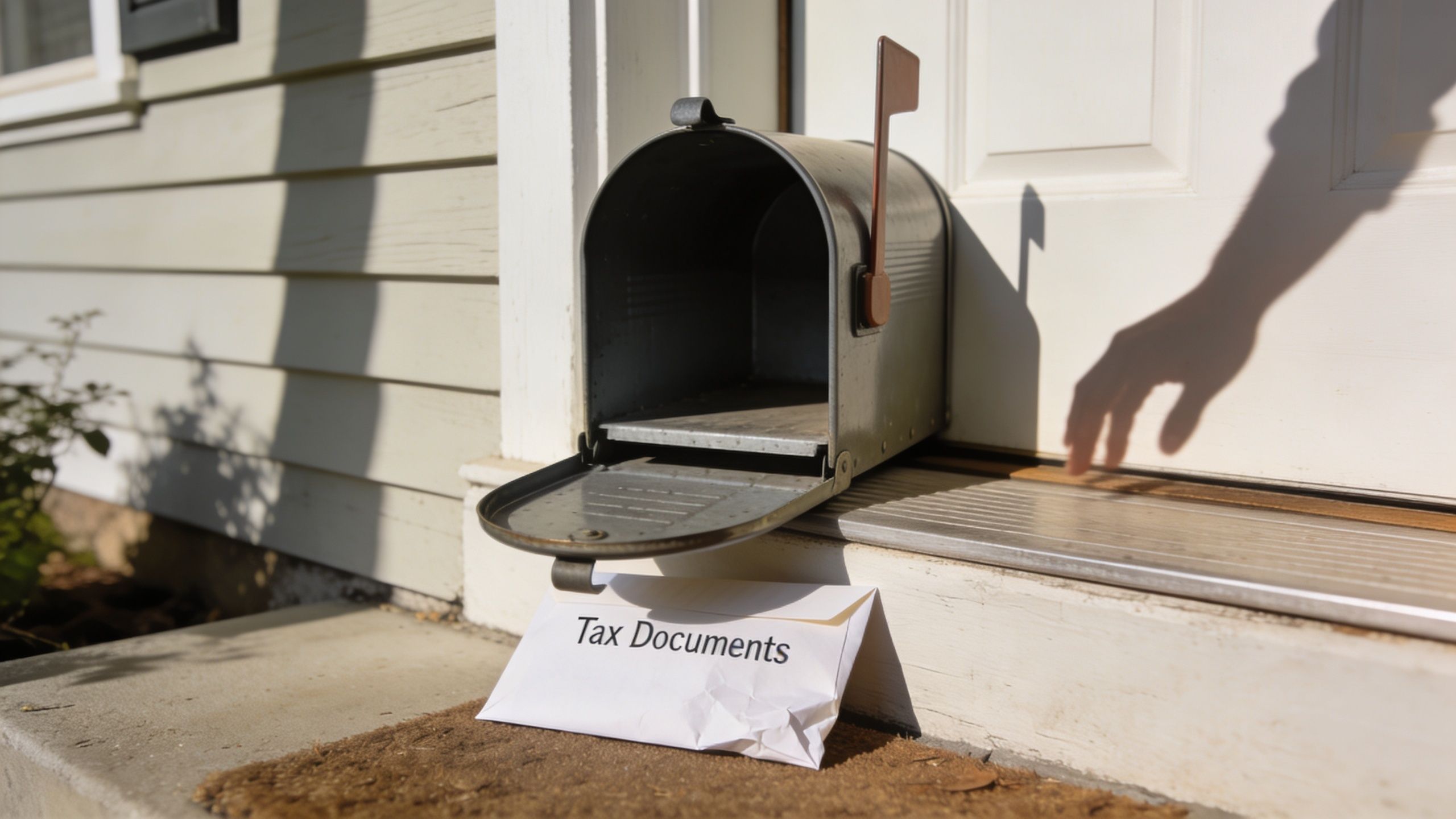 A white envelope labeled Tax Documents sitting on a porch mat in front of a metal mailbox.