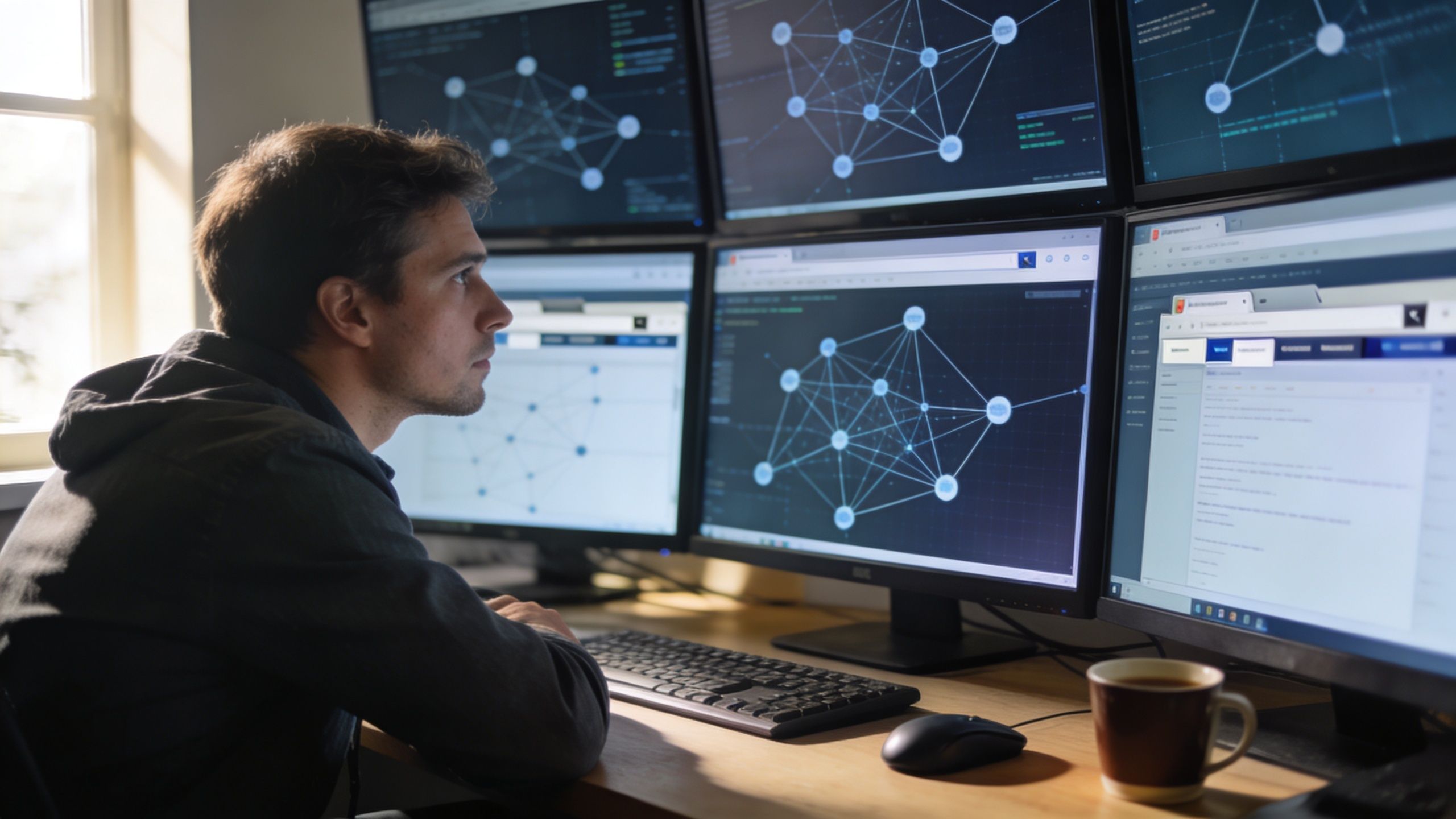 A professional analyzing complex data networks and code on multiple computer monitors in a dark office.