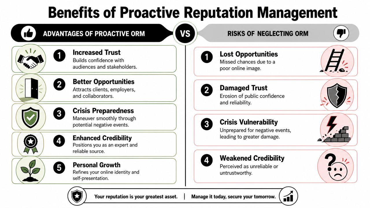 A comparison chart showing the benefits of proactive online reputation management versus the risks of neglecting it.