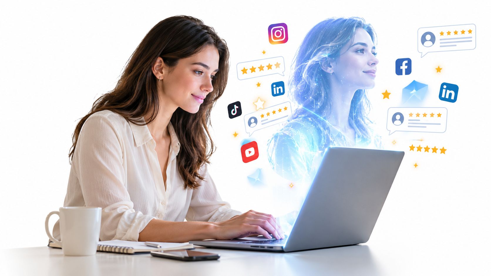 A woman working on a laptop with holographic social media icons and five-star reviews floating around.