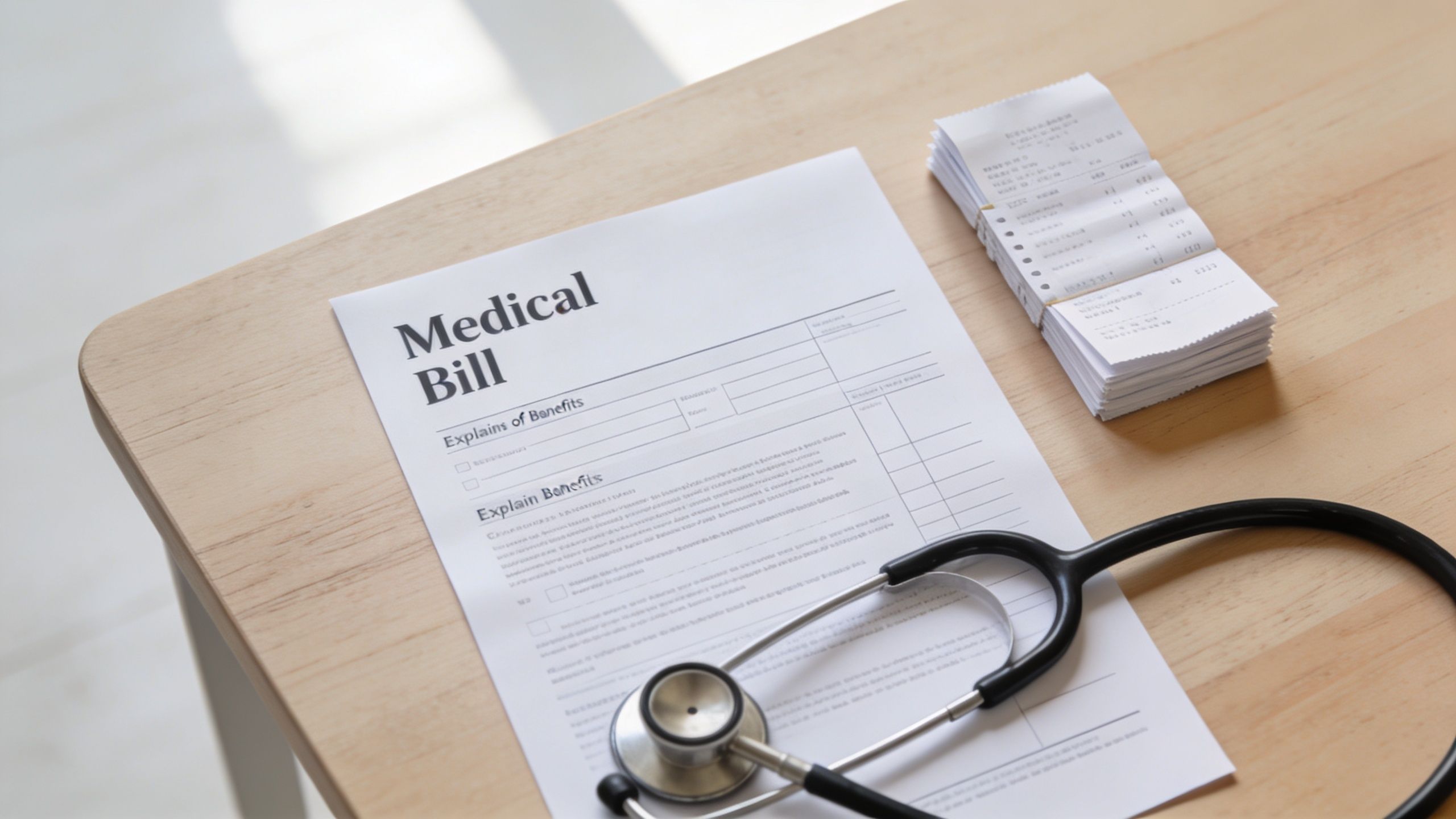 A medical bill form with a stethoscope and a stack of receipts on a wooden table.