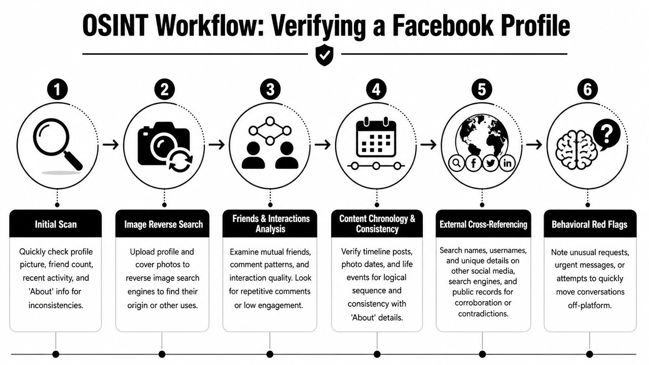 A six-step infographic demonstrating a professional OSINT workflow for verifying the authenticity of Facebook profiles.