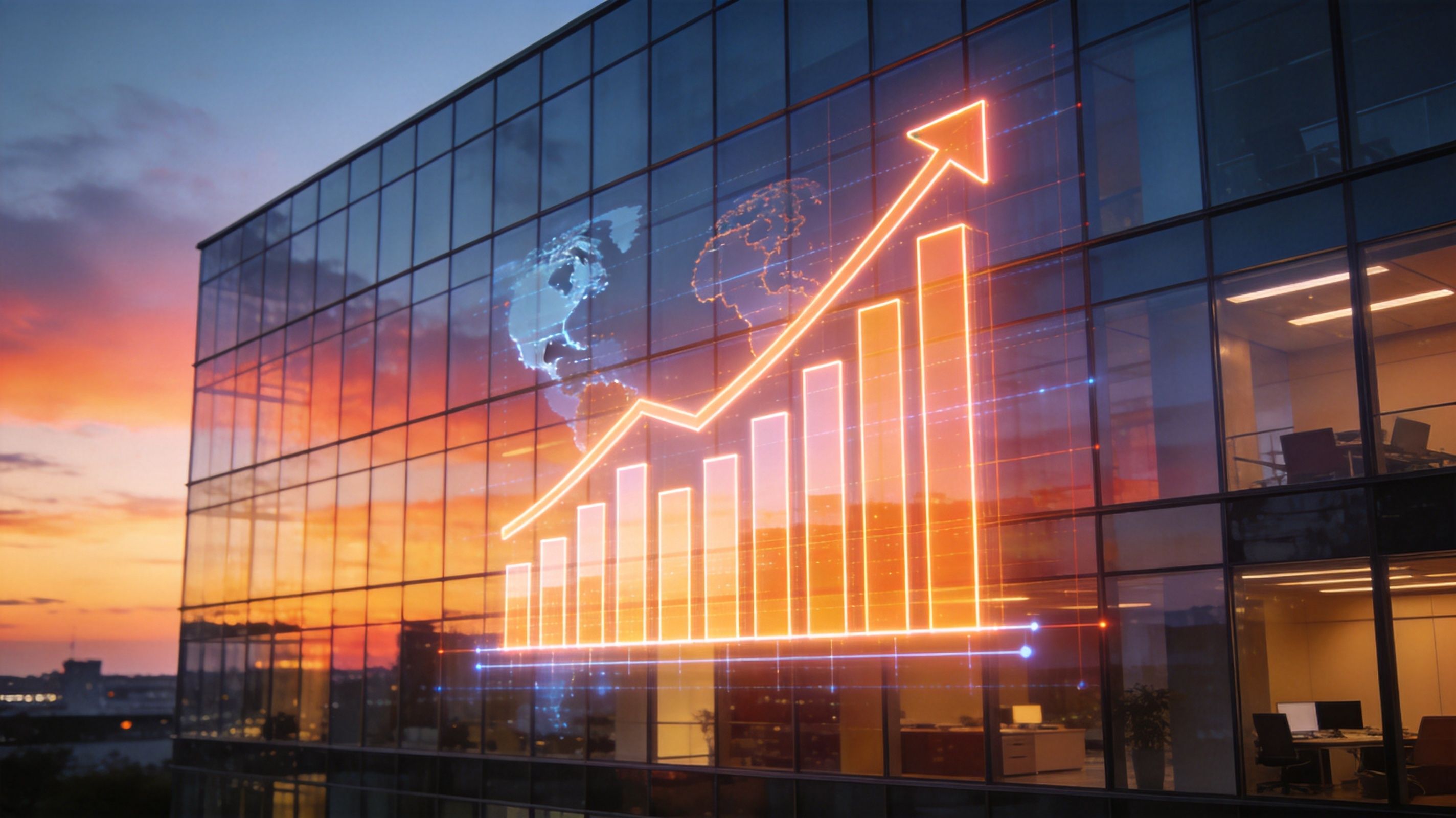 A glowing neon business graph overlaid on a modern glass office building during a sunset.