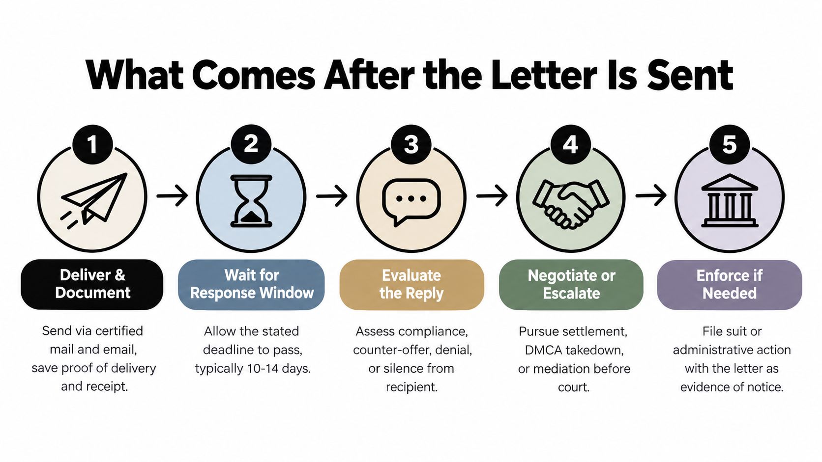 A flowchart showing the five steps to take after sending a formal legal notice letter.