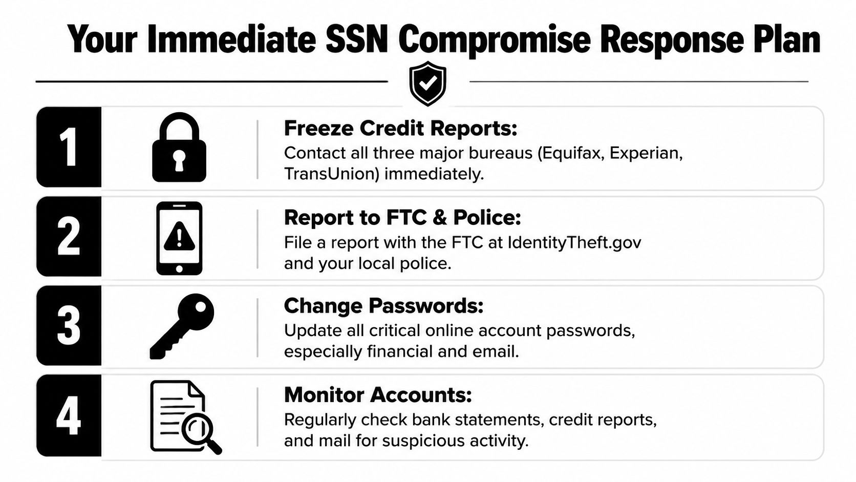 A four-step infographic showing how to respond immediately if your Social Security Number is compromised.
