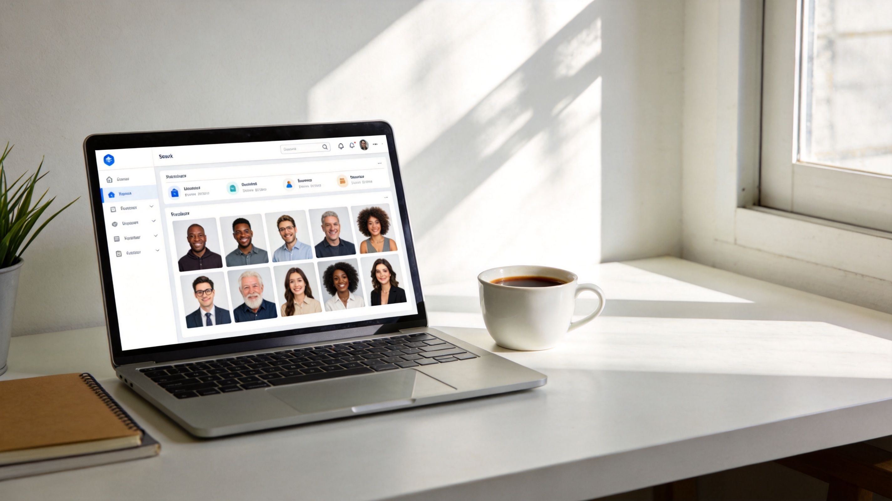A laptop on a desk showing an employee directory dashboard with headshots of team members.