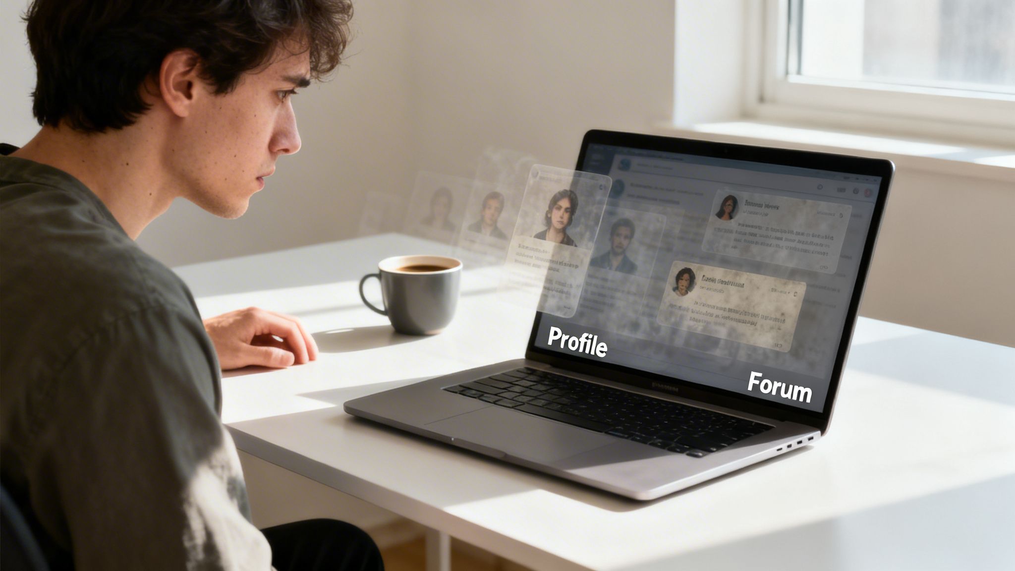 A young man intently looking at a laptop displaying digital profiles and forum content, with floating cards.
