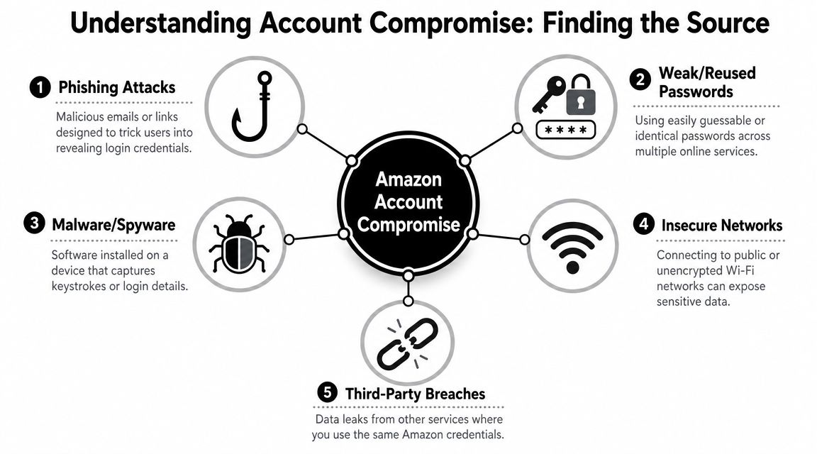 An infographic detailing five common ways that an Amazon user account can become compromised.